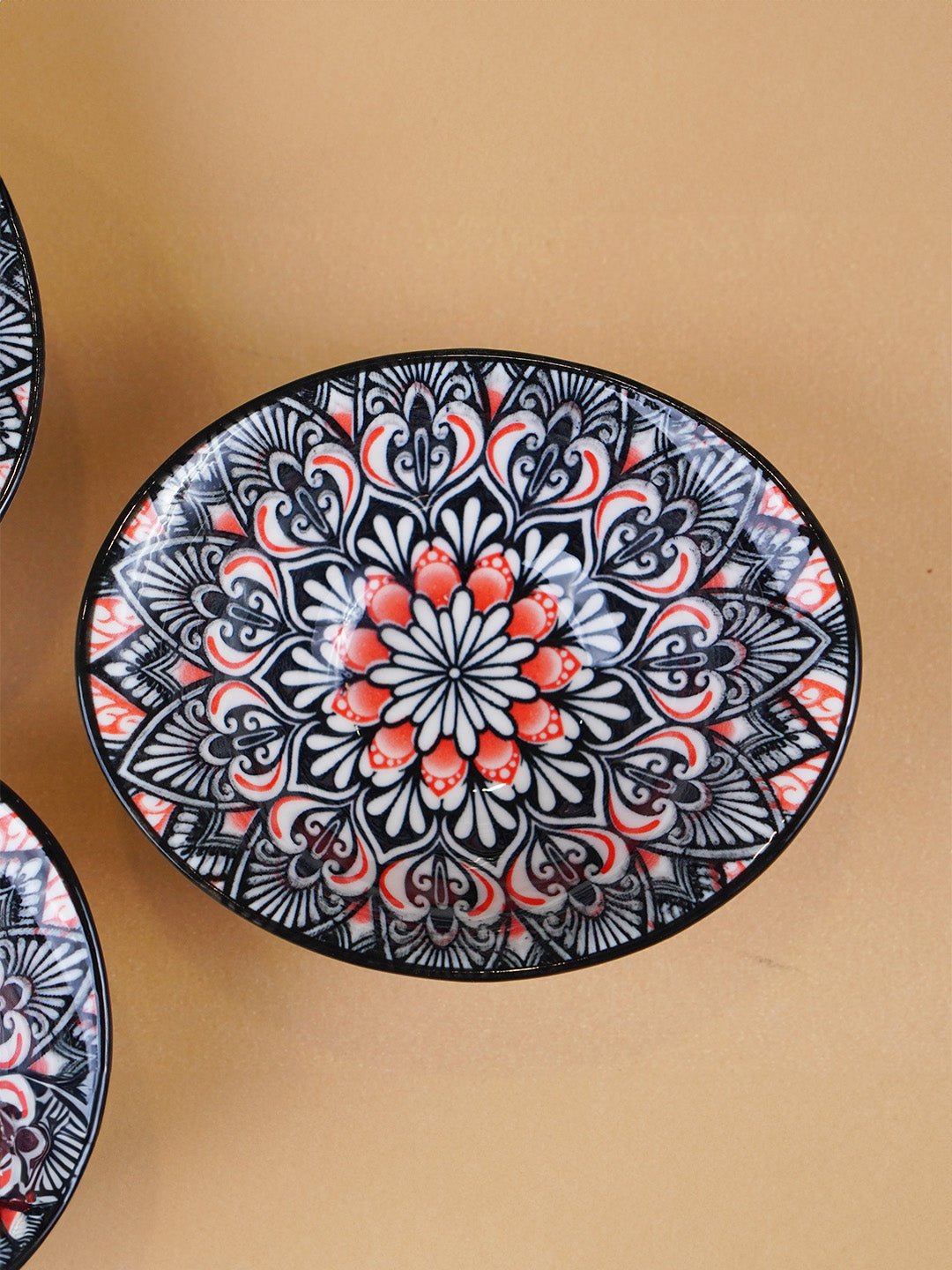 Black & Red Floral Long Ceramic Bowls Set of 3 - The Golden Theory