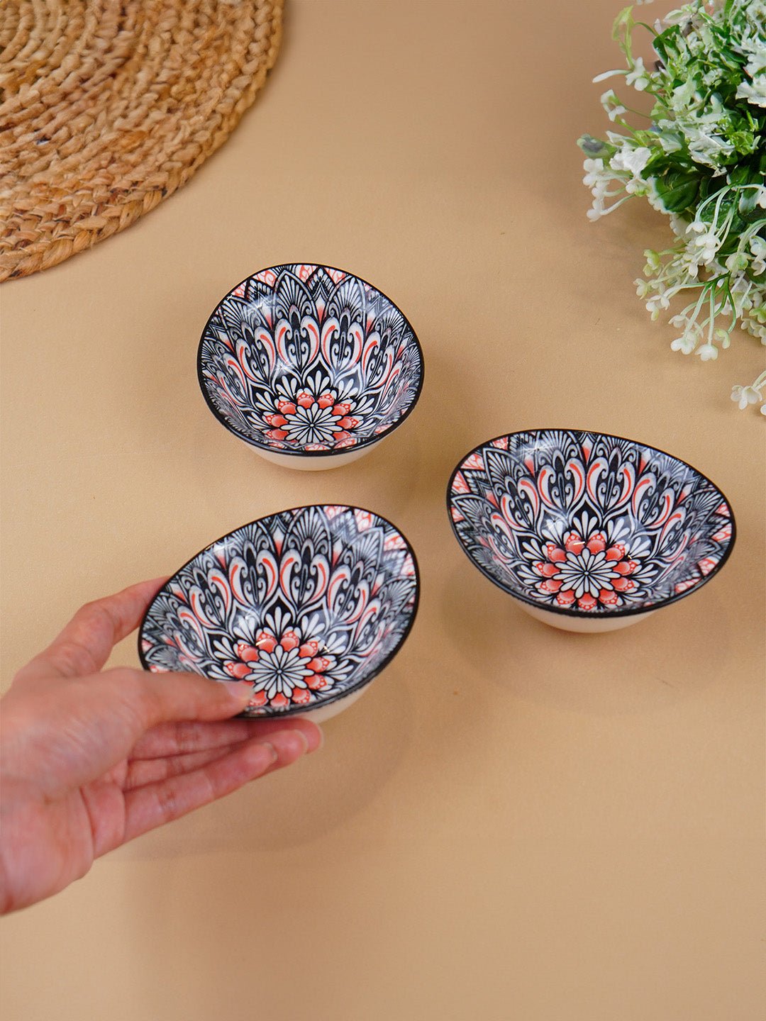 Black & Red Floral Long Ceramic Bowls Set of 3 Secondary image