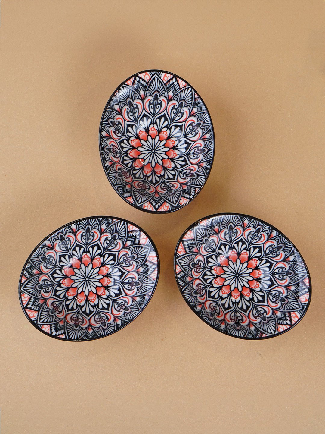 Black & Red Floral Long Ceramic Bowls Set of 3 - The Golden Theory