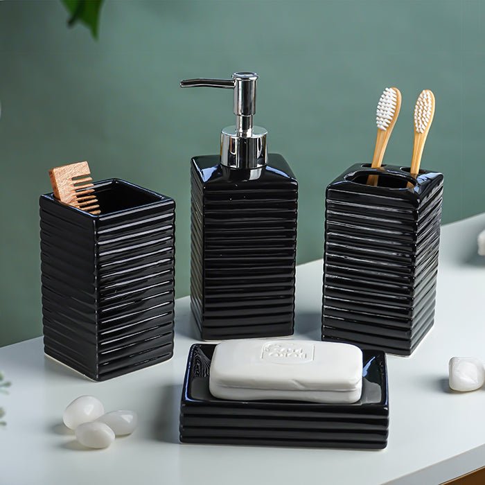 Black Ribbed Ceramic Bathroom Set of 4 - The Golden Theory Main image
