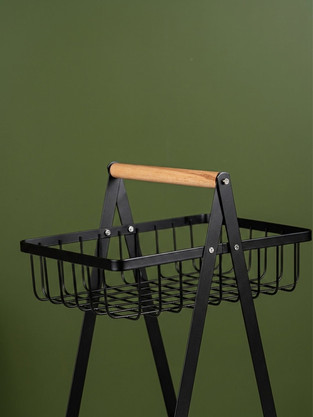 Black Two-Tier Metal Storage Basket - Kitchen Organizer with Wooden Handle Secondary image