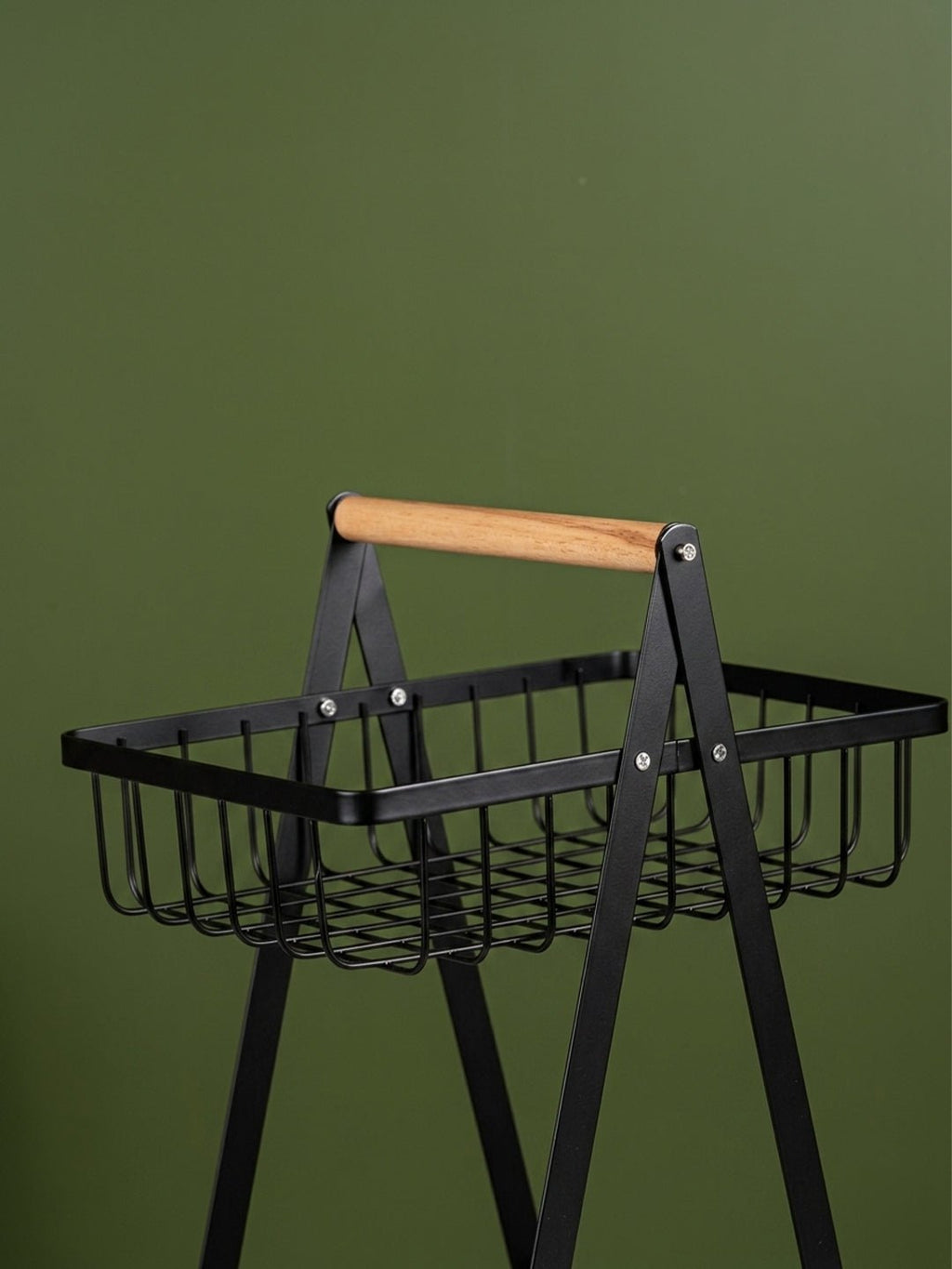 Black Two-Tier Metal Storage Basket - Kitchen Organizer with Wooden Handle - The Golden Theory