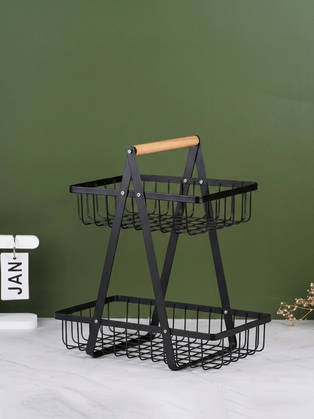 Black Two-Tier Metal Storage Basket - Kitchen Organizer with Wooden Handle - The Golden Theory Main image
