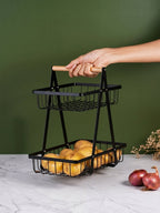 Black Two-Tier Metal Storage Basket - Kitchen Organizer with Wooden Handle - The Golden Theory