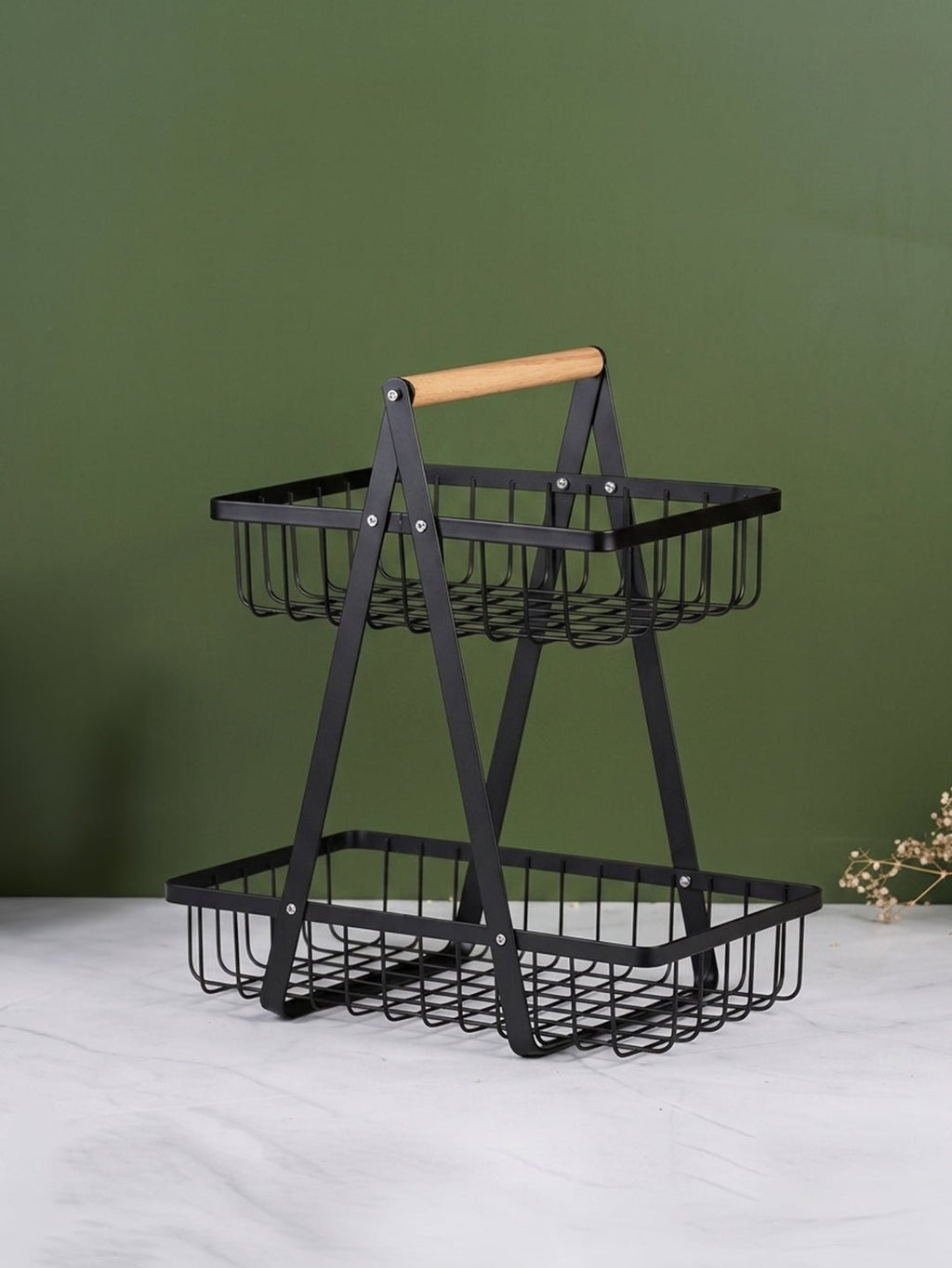 Black Two-Tier Metal Storage Basket - Kitchen Organizer with Wooden Handle - The Golden Theory