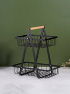 Black Two-Tier Metal Storage Basket - Kitchen Organizer with Wooden Handle - The Golden Theory