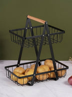 Black Two-Tier Metal Storage Basket - Kitchen Organizer with Wooden Handle - The Golden Theory