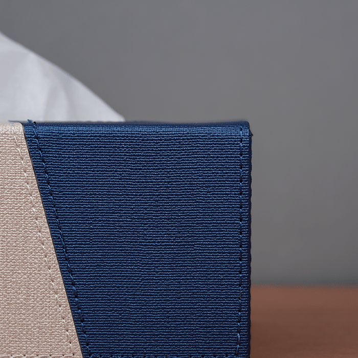 Blue and Beige Tissue Box Holder with Faux Leather Cover - The Golden Theory