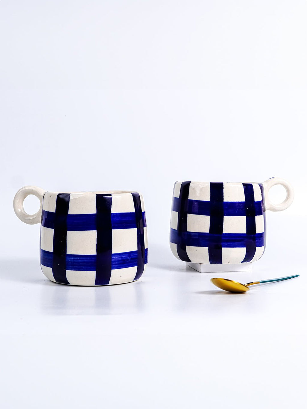 Blue and White Checkered Ceramic Mugs - The Golden Theory
