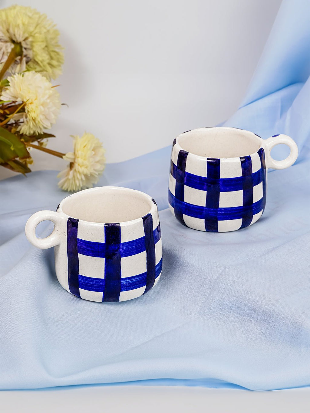 Blue and White Checkered Ceramic Mugs - The Golden Theory