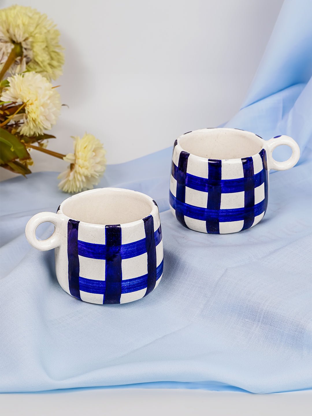 Blue and White Checkered Ceramic Mugs - The Golden Theory