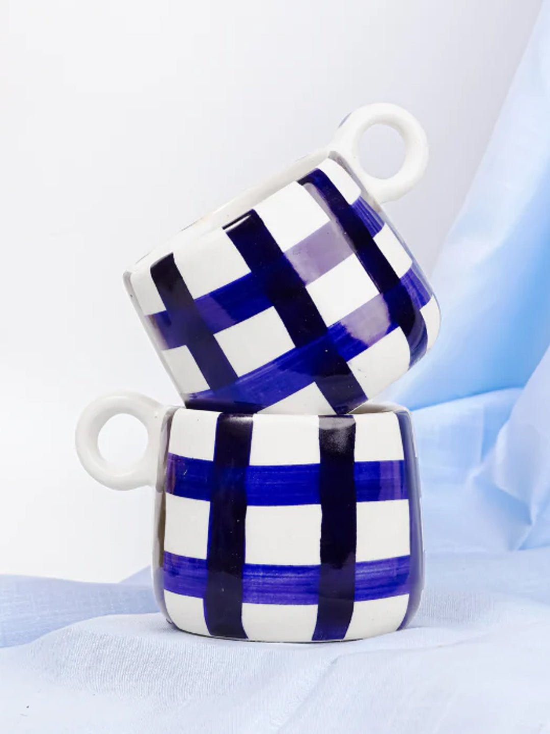 Blue and White Checkered Ceramic Mugs Secondary image