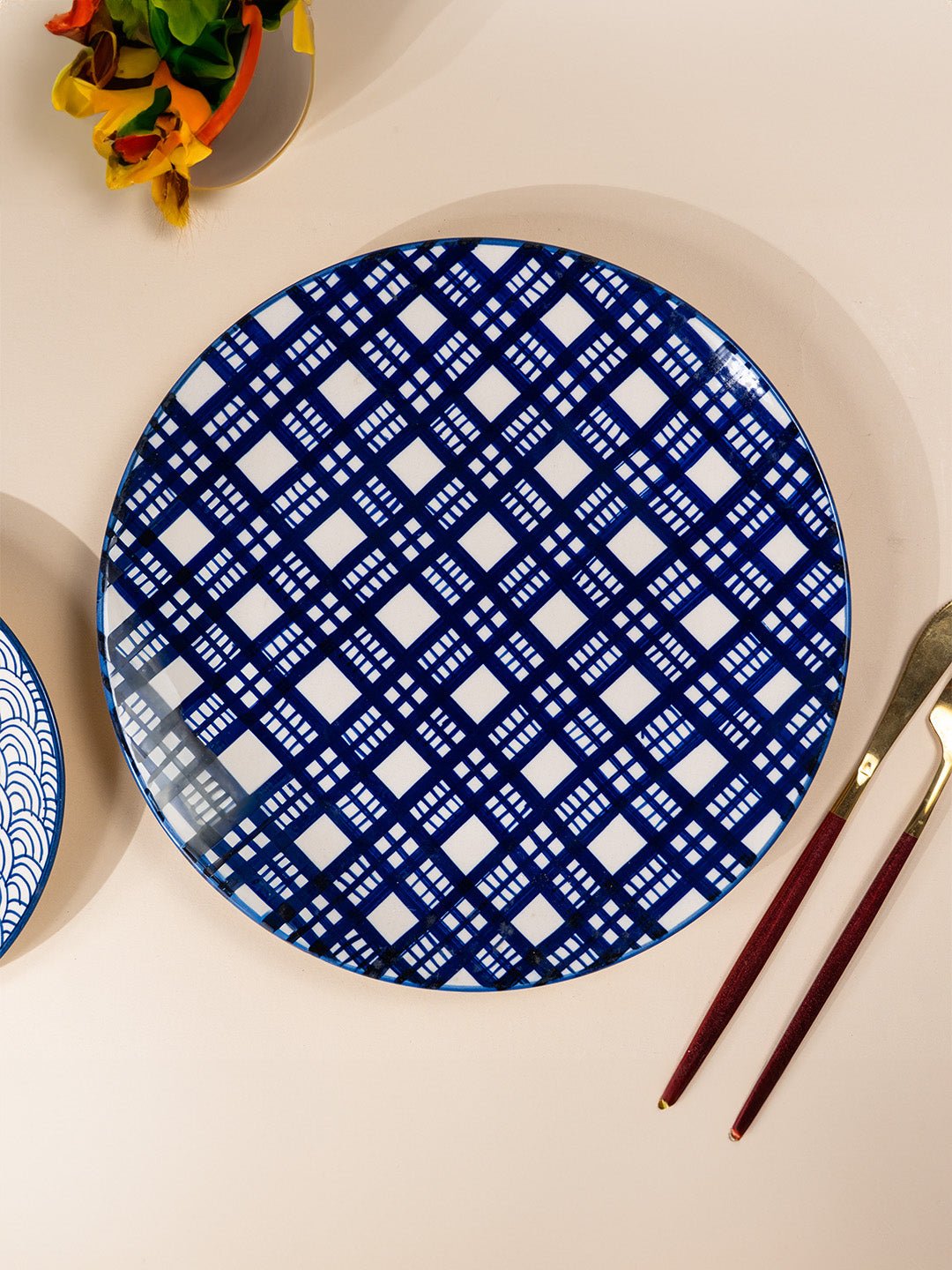 Blue and White Patterned Ceramic Dinner Plate - The Golden Theory