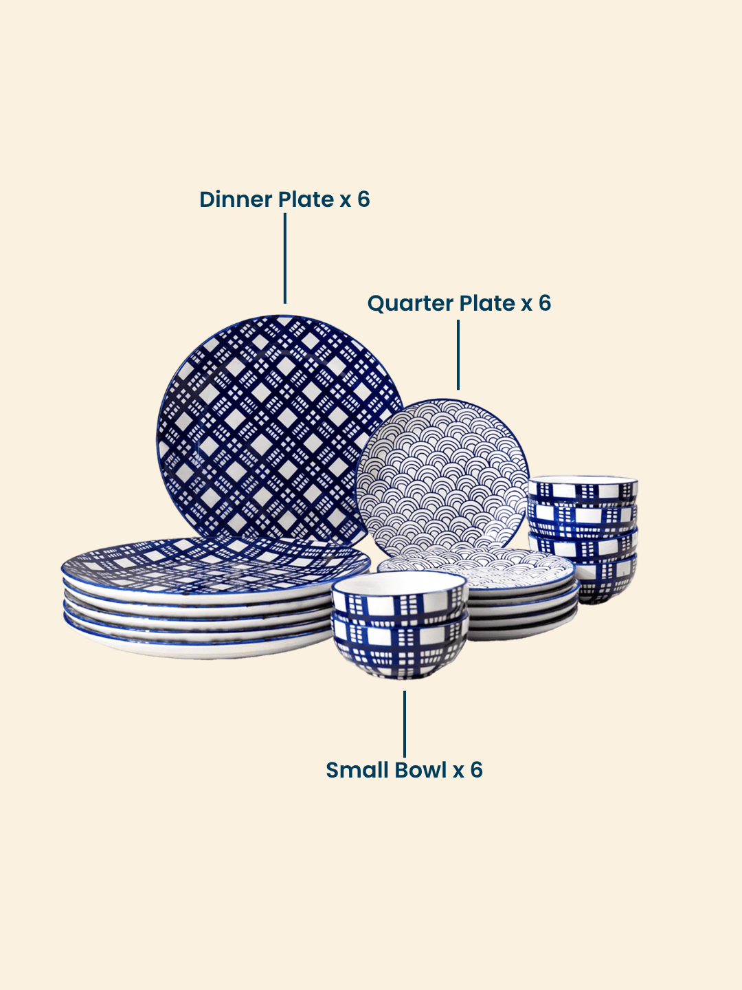 Blue and White Patterned Ceramic Dinner Set - Set of 18 - The Golden Theory