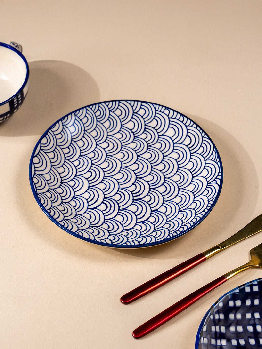 Blue and White Patterned Ceramic Quarter Plate - The Golden Theory