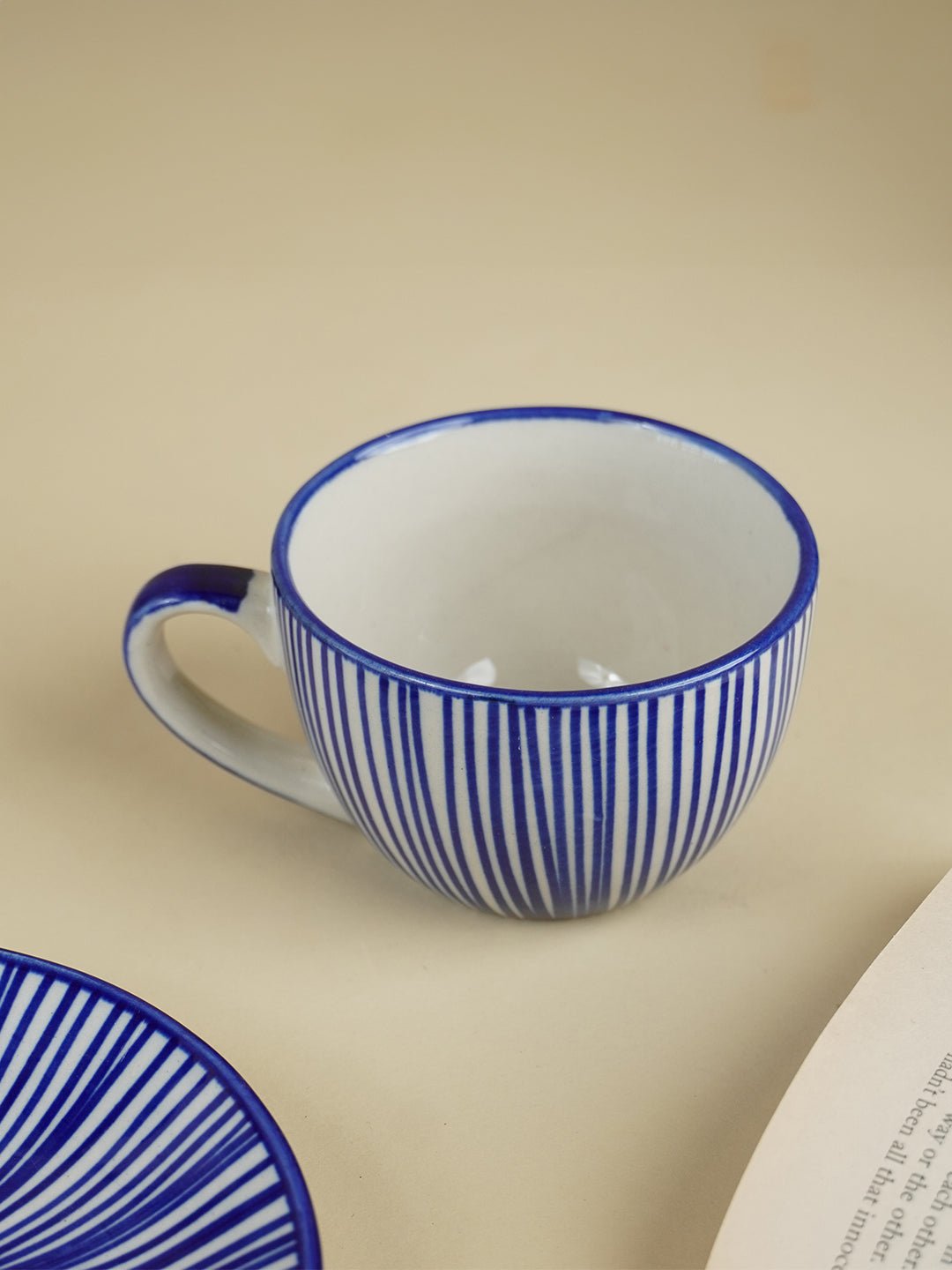 Blue and White Striped Ceramic Cup & Saucer - The Golden Theory