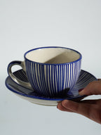 Blue and White Striped Ceramic Cup & Saucer - The Golden Theory