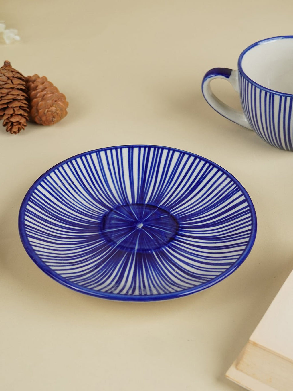 Blue and White Striped Ceramic Cup & Saucer - The Golden Theory
