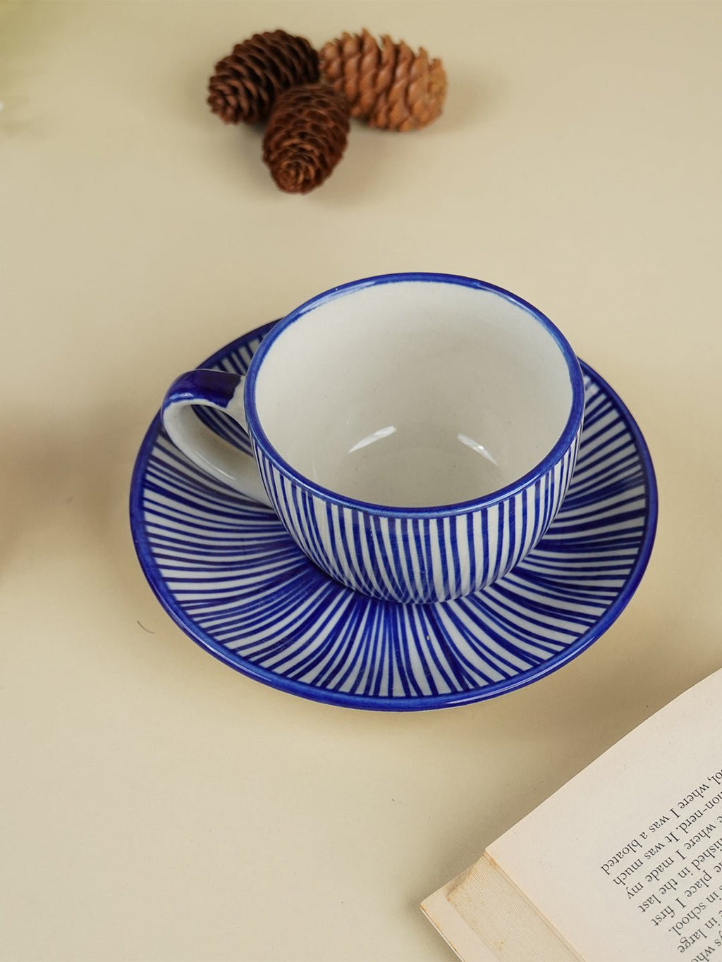 Blue and White Striped Ceramic Cup & Saucer - The Golden Theory