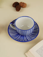 Blue and White Striped Ceramic Cup & Saucer - The Golden Theory