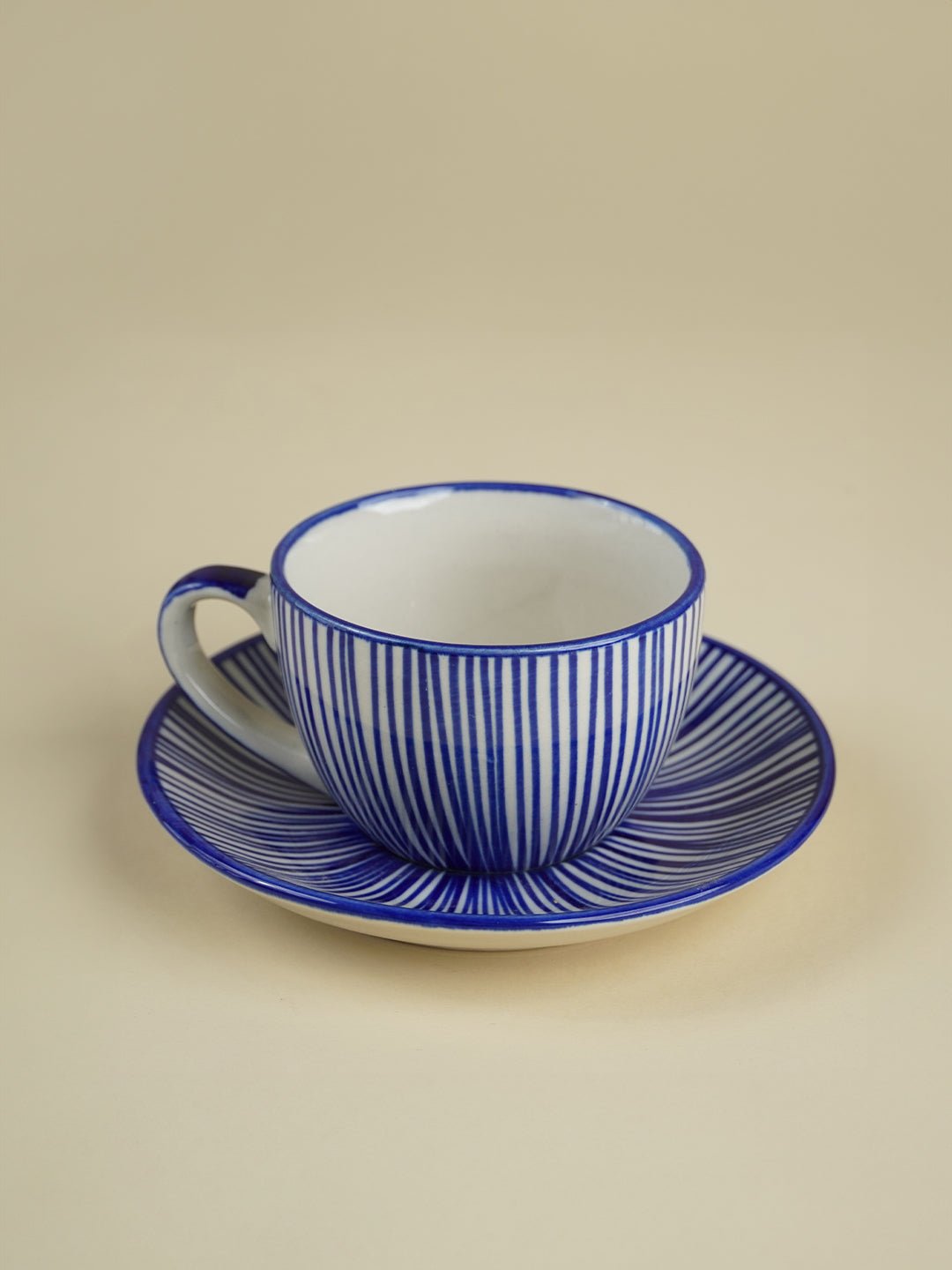 Blue and White Striped Ceramic Cup & Saucer - The Golden Theory Main image
