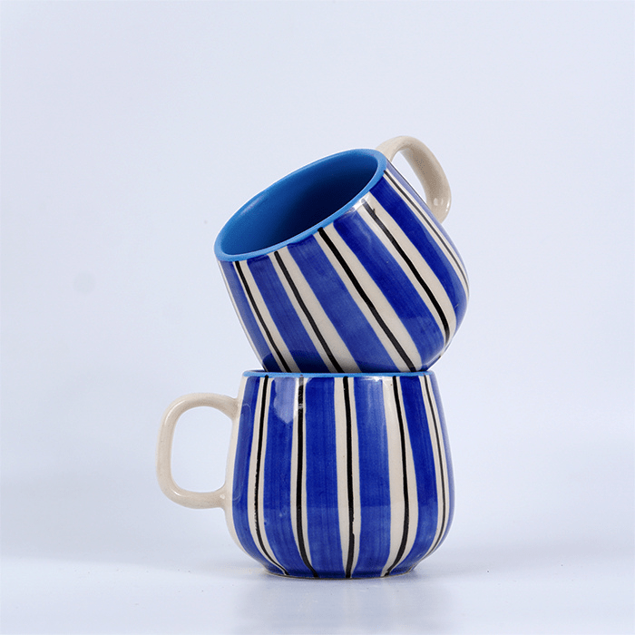 Blue and White Striped Ceramic Mug - The Golden Theory