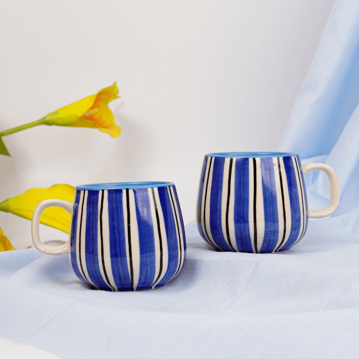 Blue and White Striped Ceramic Mug - The Golden Theory