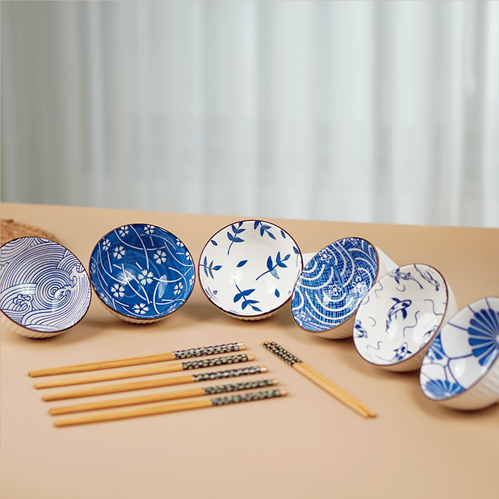 Blue Artwork Ceramic Bowls Set of 6 with Chopsticks - The Golden Theory
