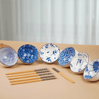Blue Artwork Ceramic Bowls Set of 6 with Chopsticks - The Golden Theory