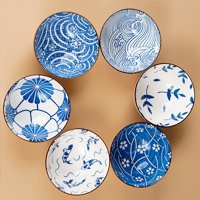 Blue Artwork Ceramic Bowls Set of 6 with Chopsticks - The Golden Theory