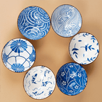 Blue Artwork Ceramic Bowls Set of 6 with Chopsticks - The Golden Theory