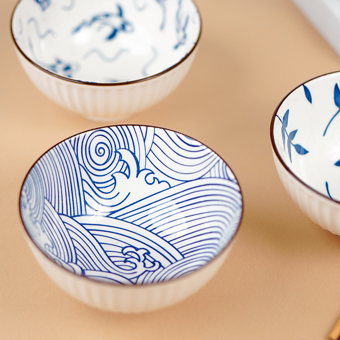 Blue Artwork Ceramic Bowls Set of 6 with Chopsticks - The Golden Theory