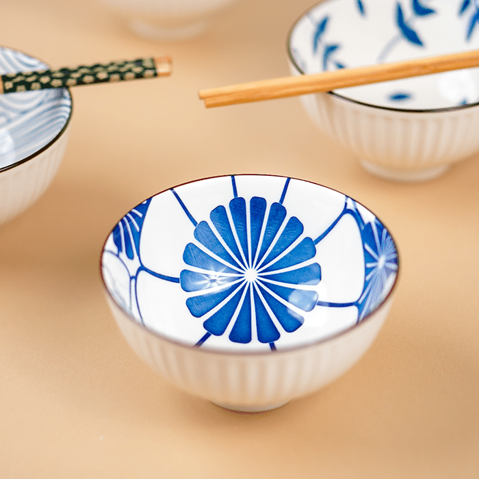 Blue Artwork Ceramic Bowls Set of 6 with Chopsticks - The Golden Theory