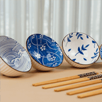 Blue Artwork Ceramic Bowls Set of 6 with Chopsticks - The Golden Theory