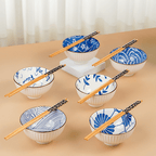 Blue Artwork Ceramic Bowls Set of 6 with Chopsticks - The Golden Theory