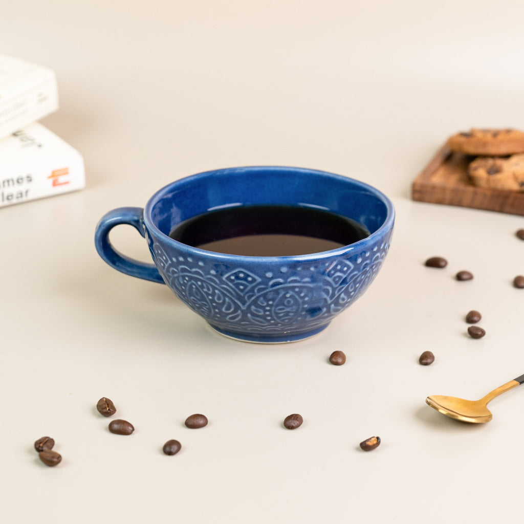 Blue Ceramic Latte Mug with Design - The Golden Theory