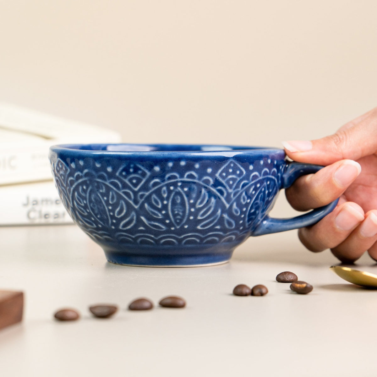 Blue Ceramic Latte Mug with Design - The Golden Theory