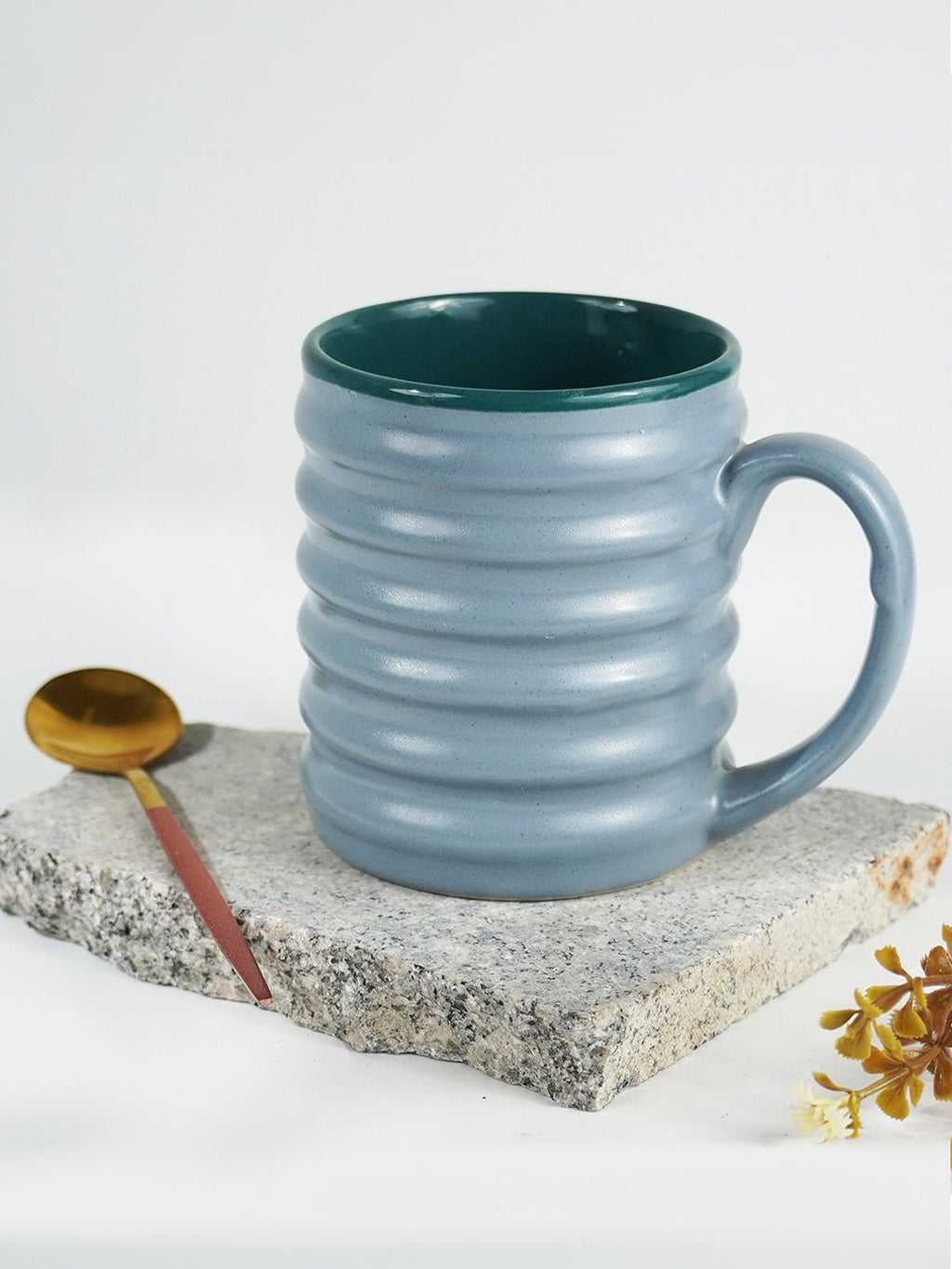 Blue Ceramic Mug with Ribbed Texture - The Golden Theory