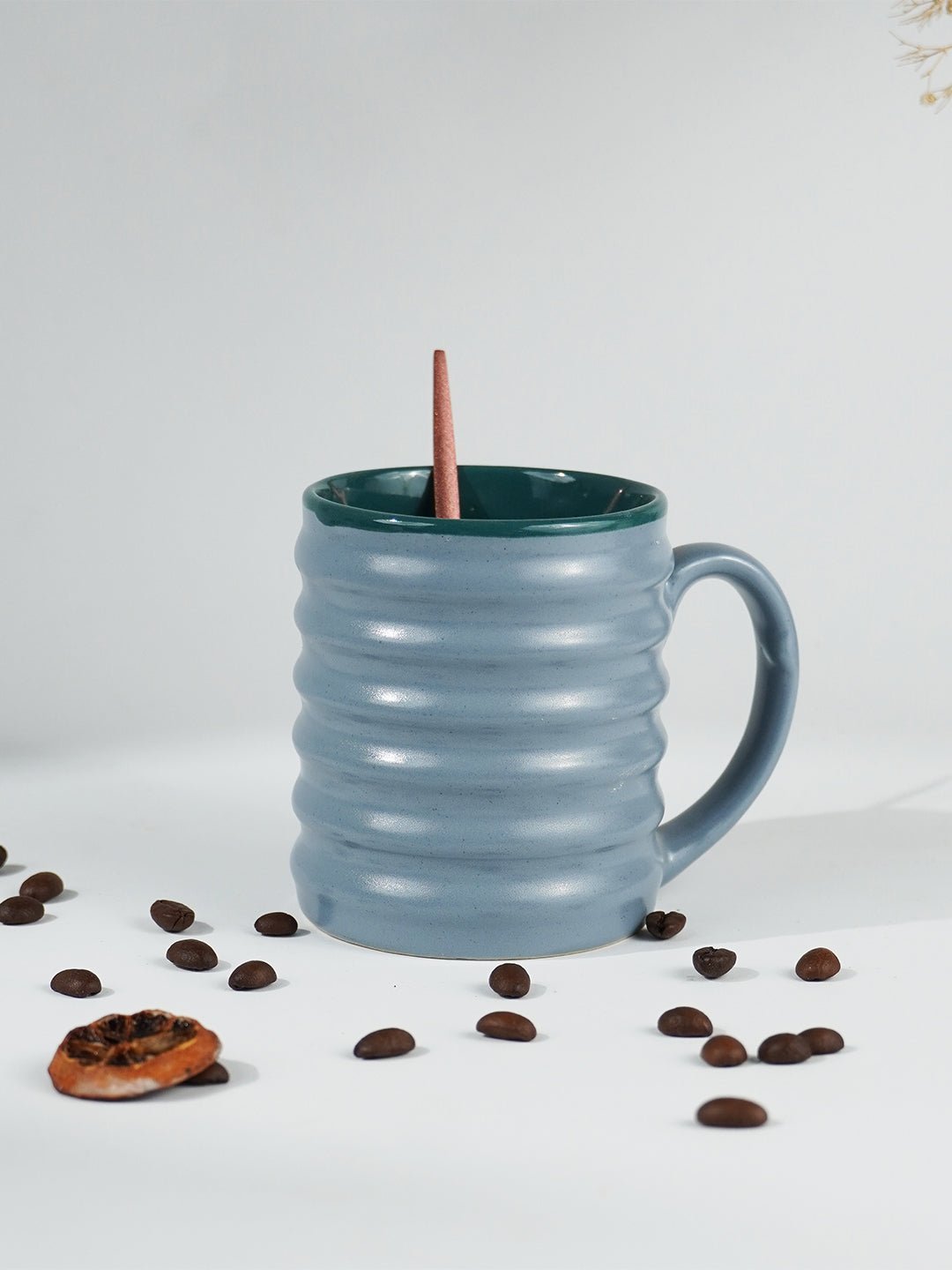 Blue Ceramic Mug with Ribbed Texture - The Golden Theory