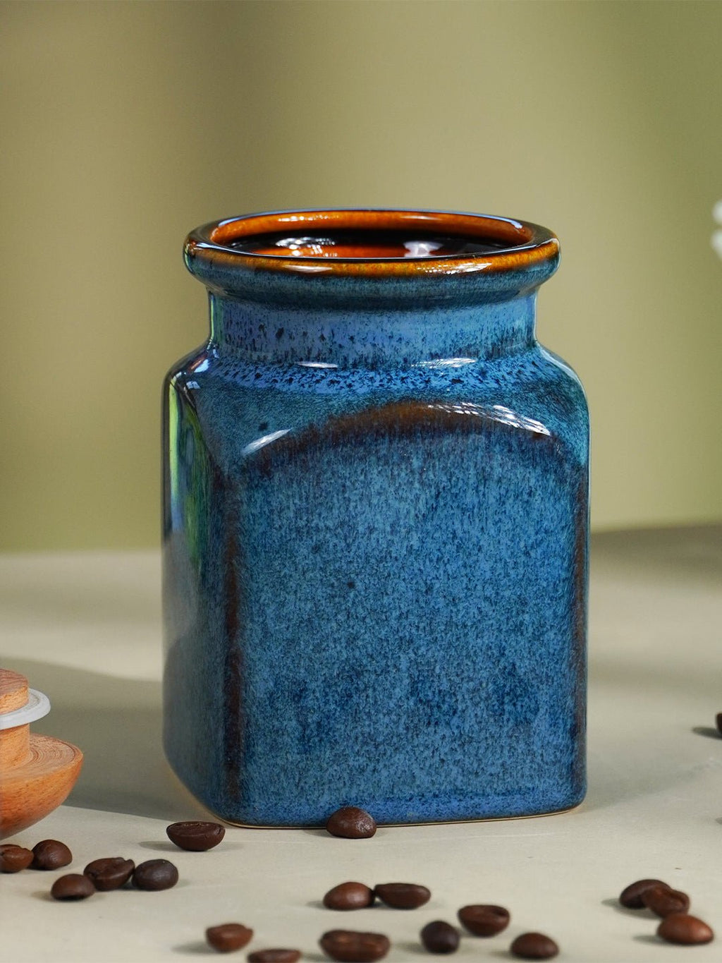 Blue Ceramic Storage Jar Set with Wooden Lid - Set of 2 - The Golden Theory