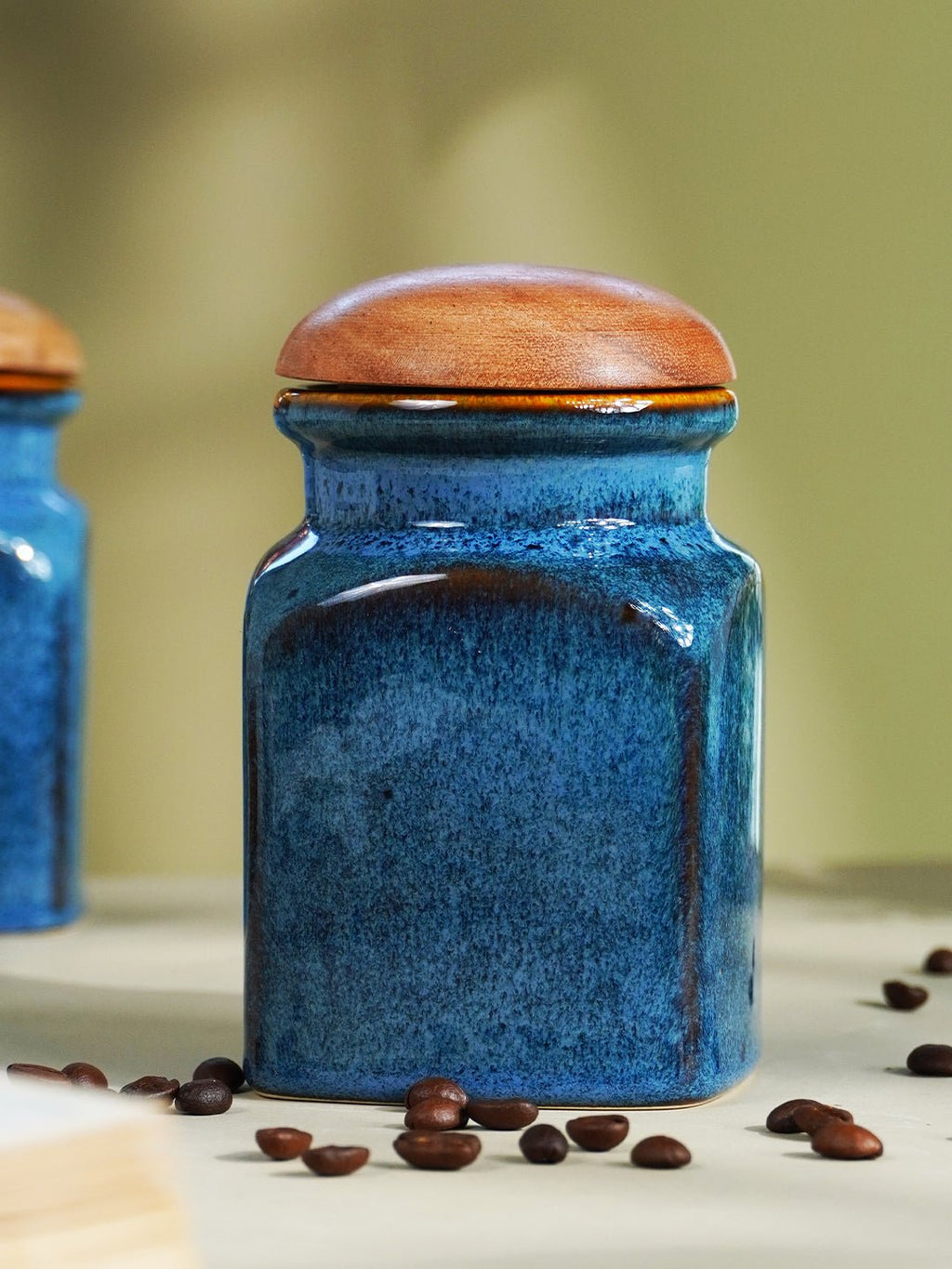 Blue Ceramic Storage Jar Set with Wooden Lid - Set of 2 - The Golden Theory