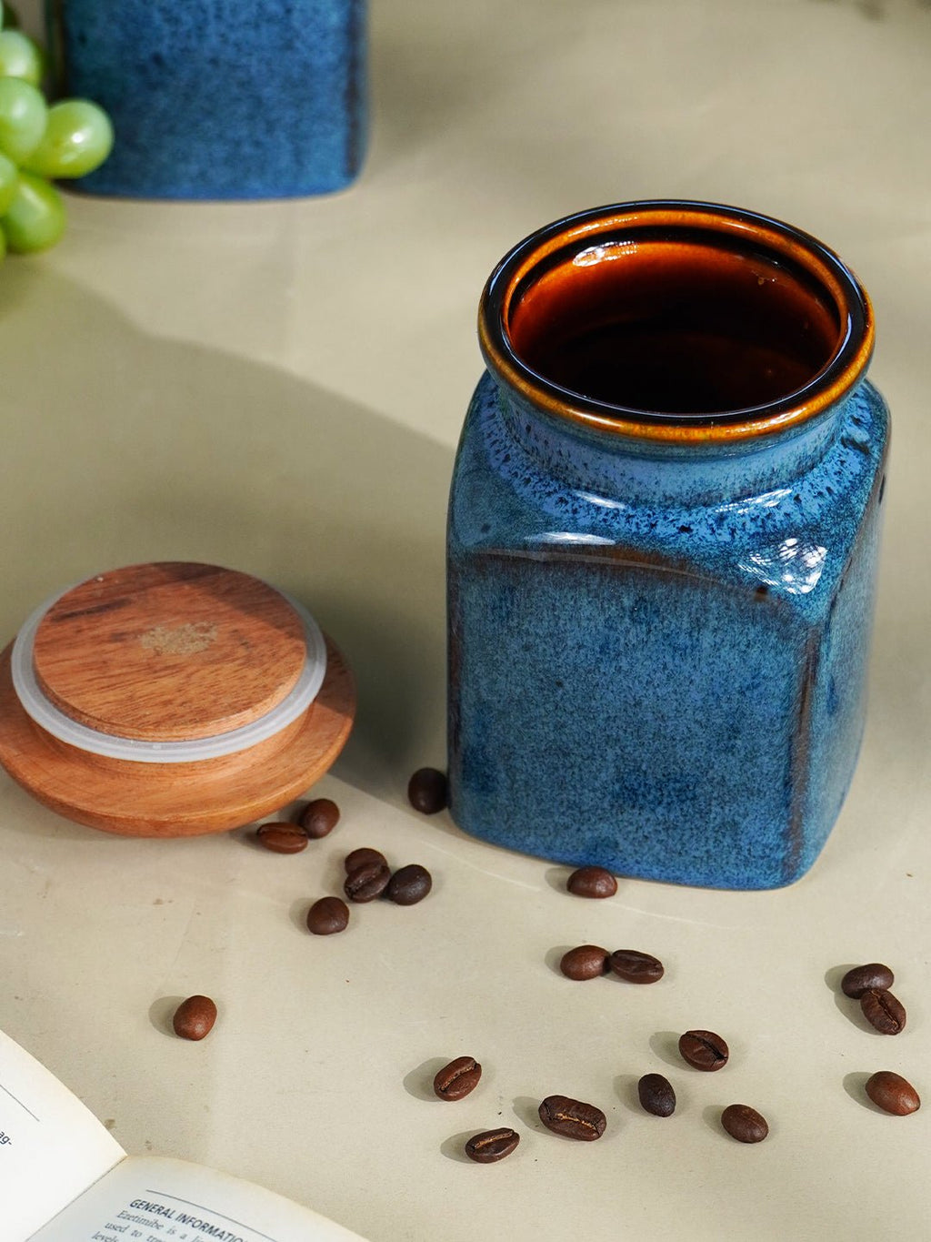 Blue Ceramic Storage Jar Set with Wooden Lid - Set of 2 - The Golden Theory