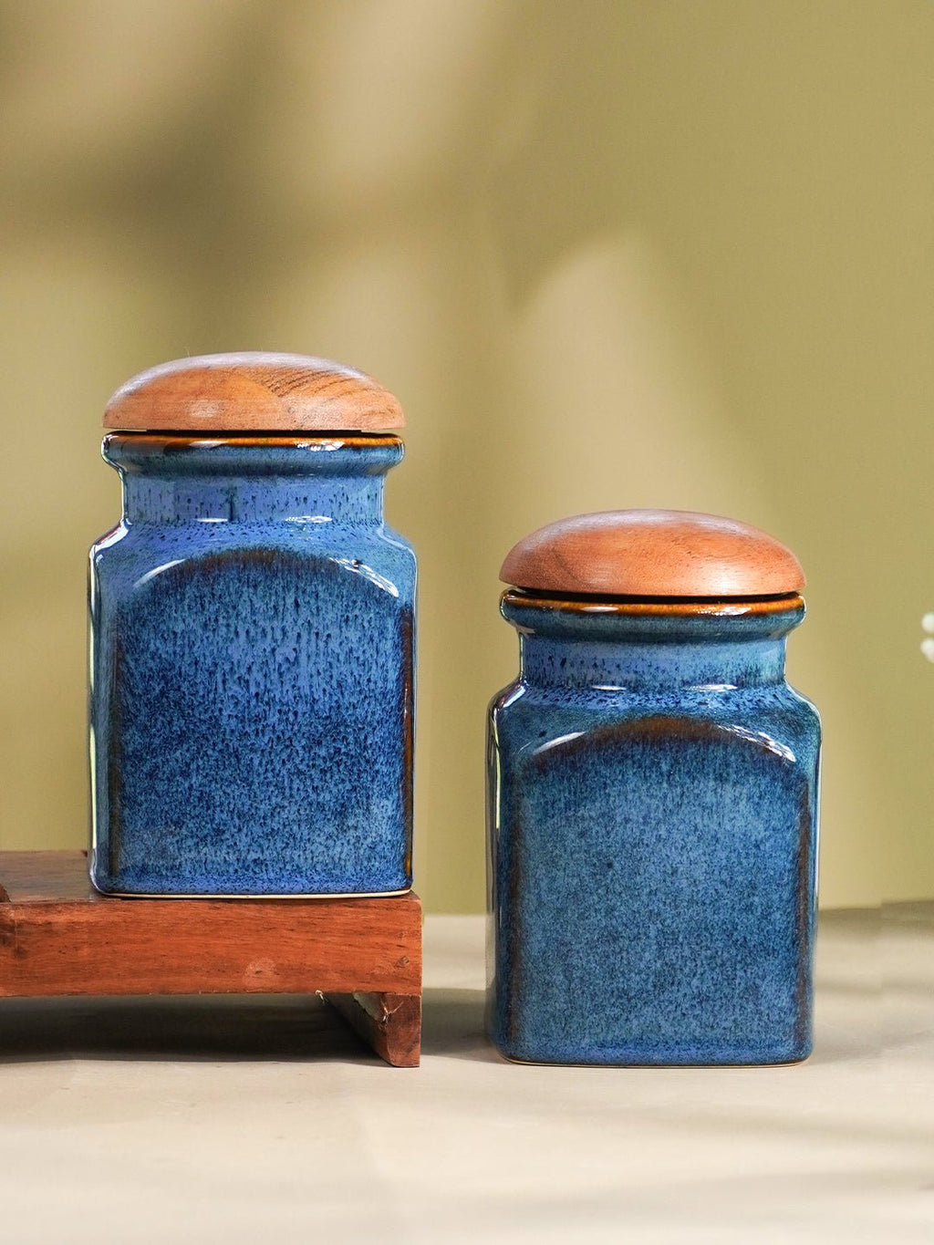Blue Ceramic Storage Jar Set with Wooden Lid - Set of 2 - The Golden Theory