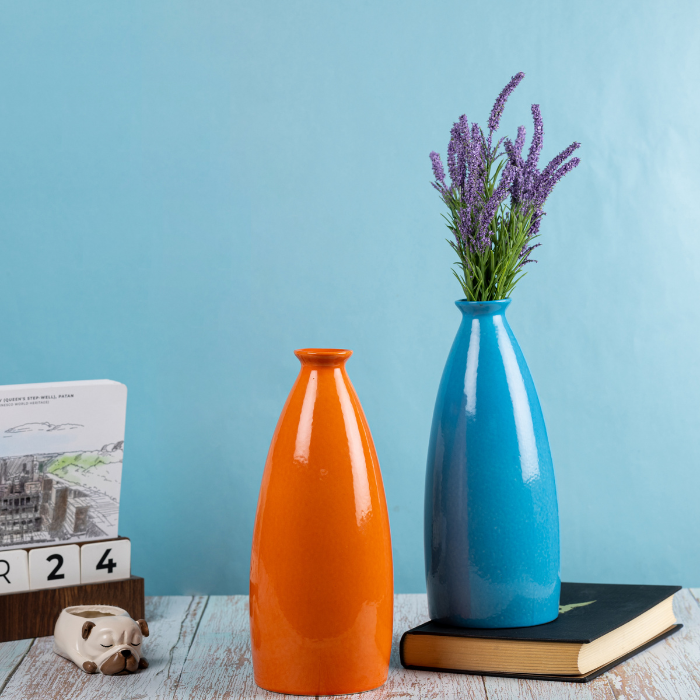 Blue Color Bottle-Shaped Long Flower Vase