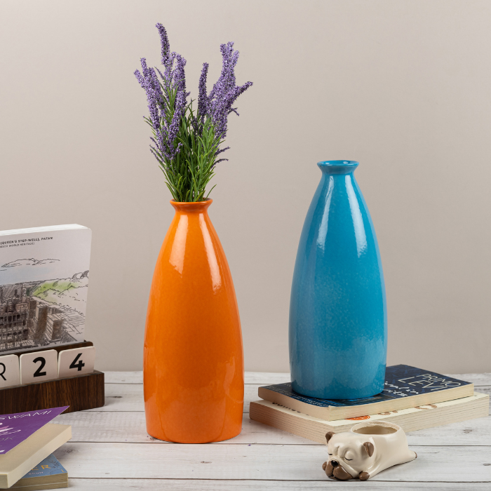 Blue Color Bottle-Shaped Long Flower Vase