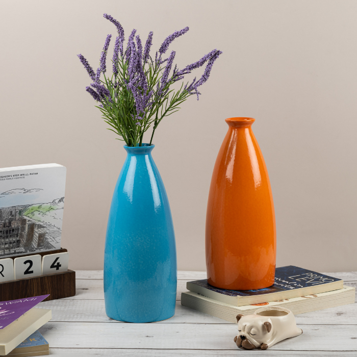 Blue Color Bottle-Shaped Long Flower Vase