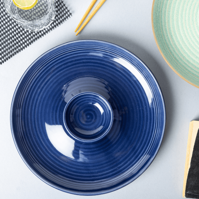 Blue Color Chip and Dip Platter with Spiral Design - The Golden Theory
