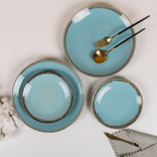 Blue Color Round 7'' Quarter Plate with Brown Drops Border - The Golden Theory