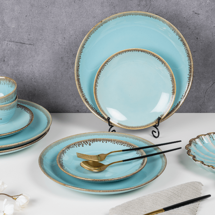 Blue Color Round 7'' Quarter Plate with Brown Drops Border - The Golden Theory