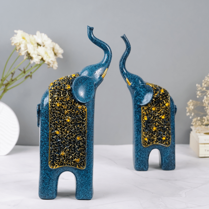 Blue Elephant Statues with Golden Accents - Unique Home Decor - The Golden Theory